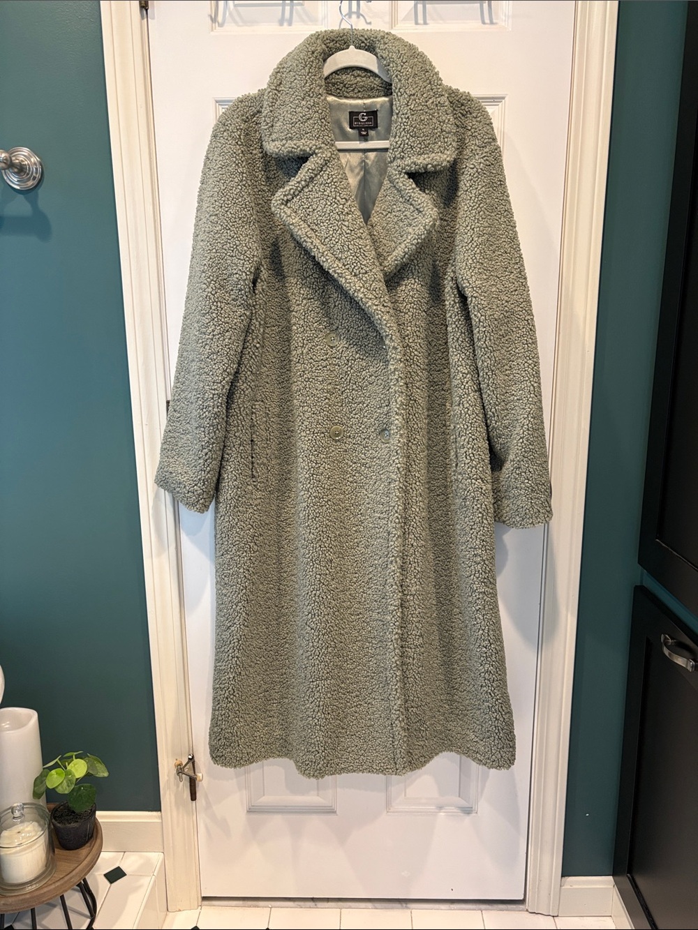G by Giuliana Sage Green Teddy Coat - Long Faux Shearling Trench
